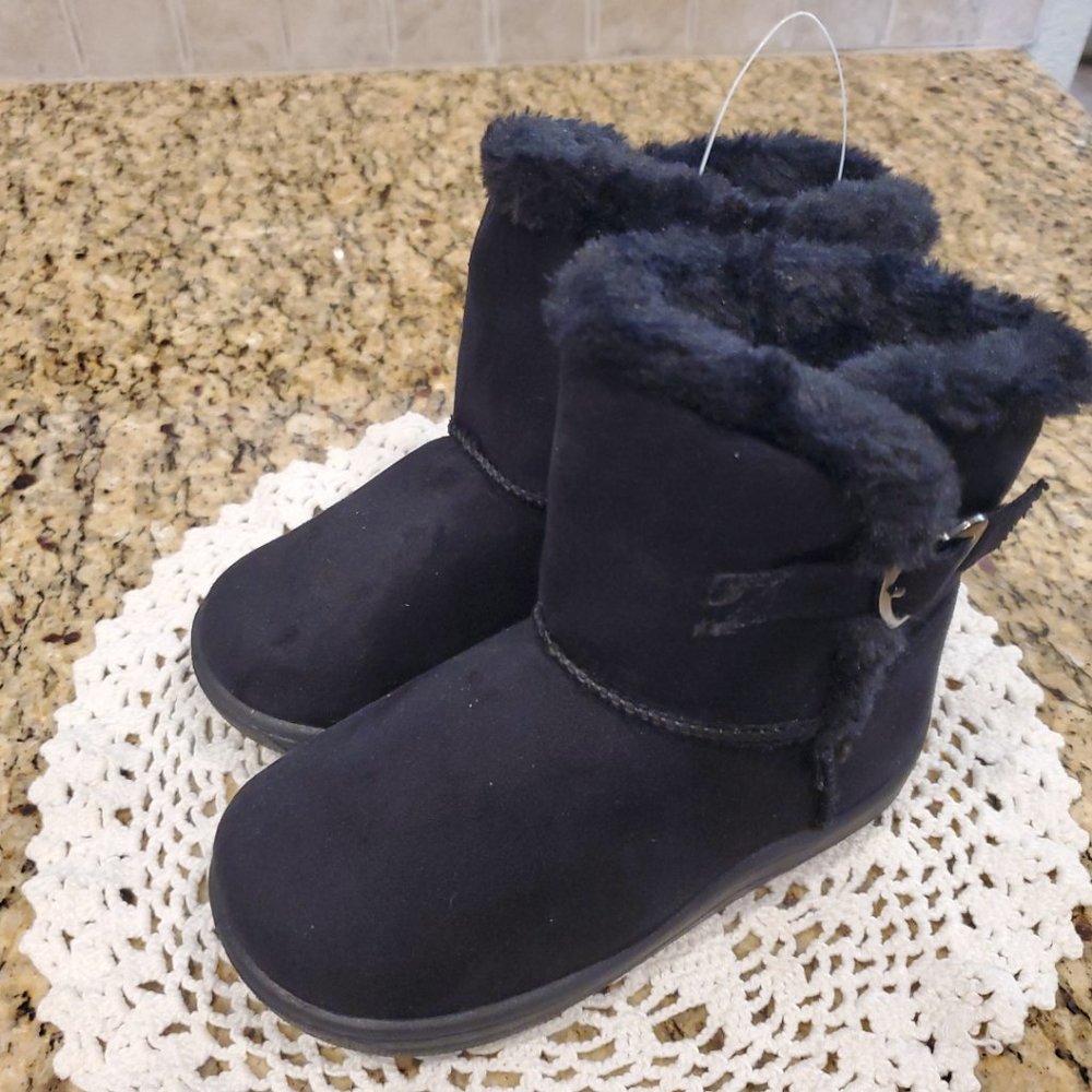 NEW Faded Glory Little Girls SIZE 7 Black Suede Fuzzy Fur Lined Boots - NWT